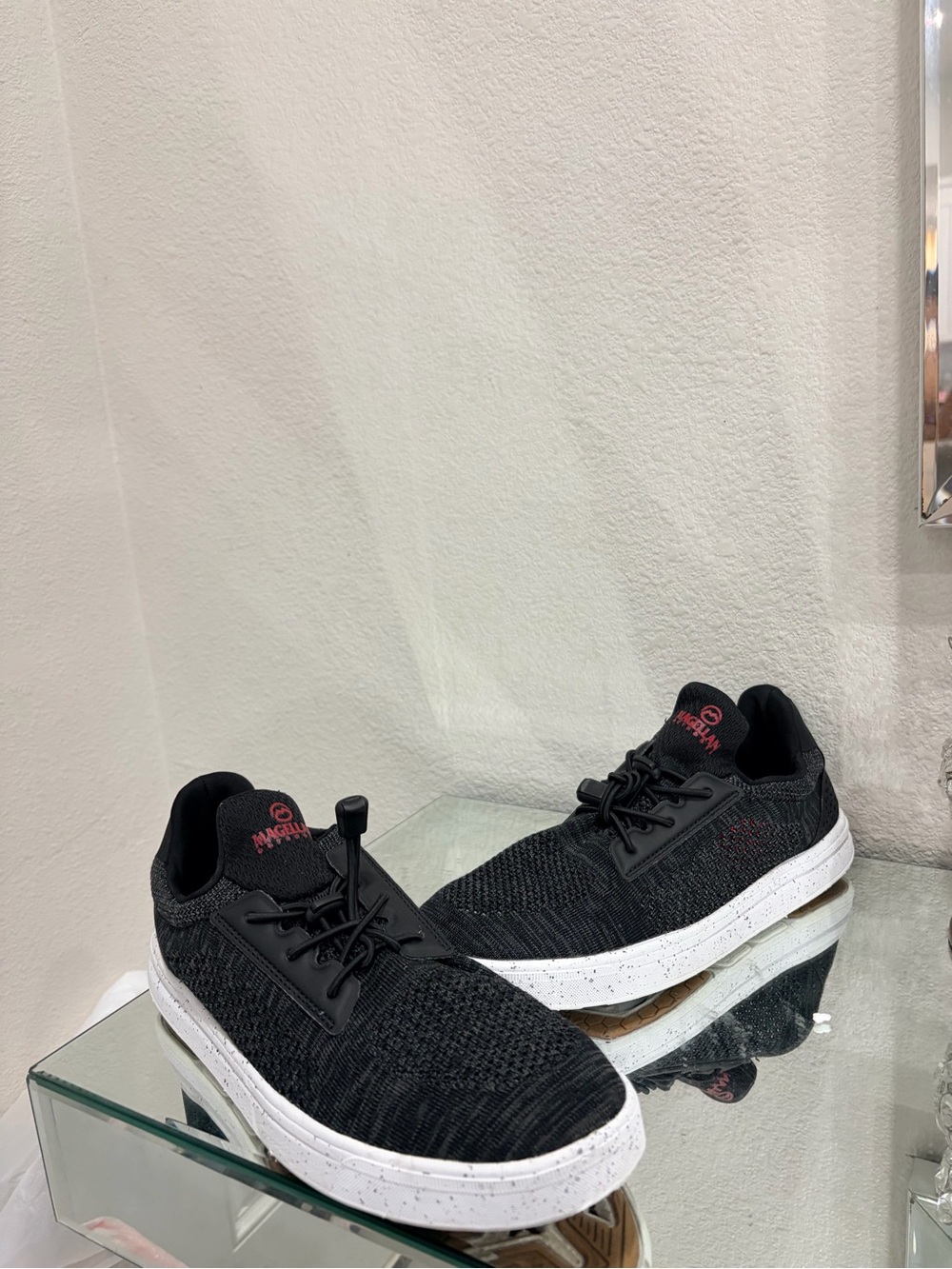 Magellan Outdoors Black Knit Sneakers with White Speckled Midsole and Red Logo